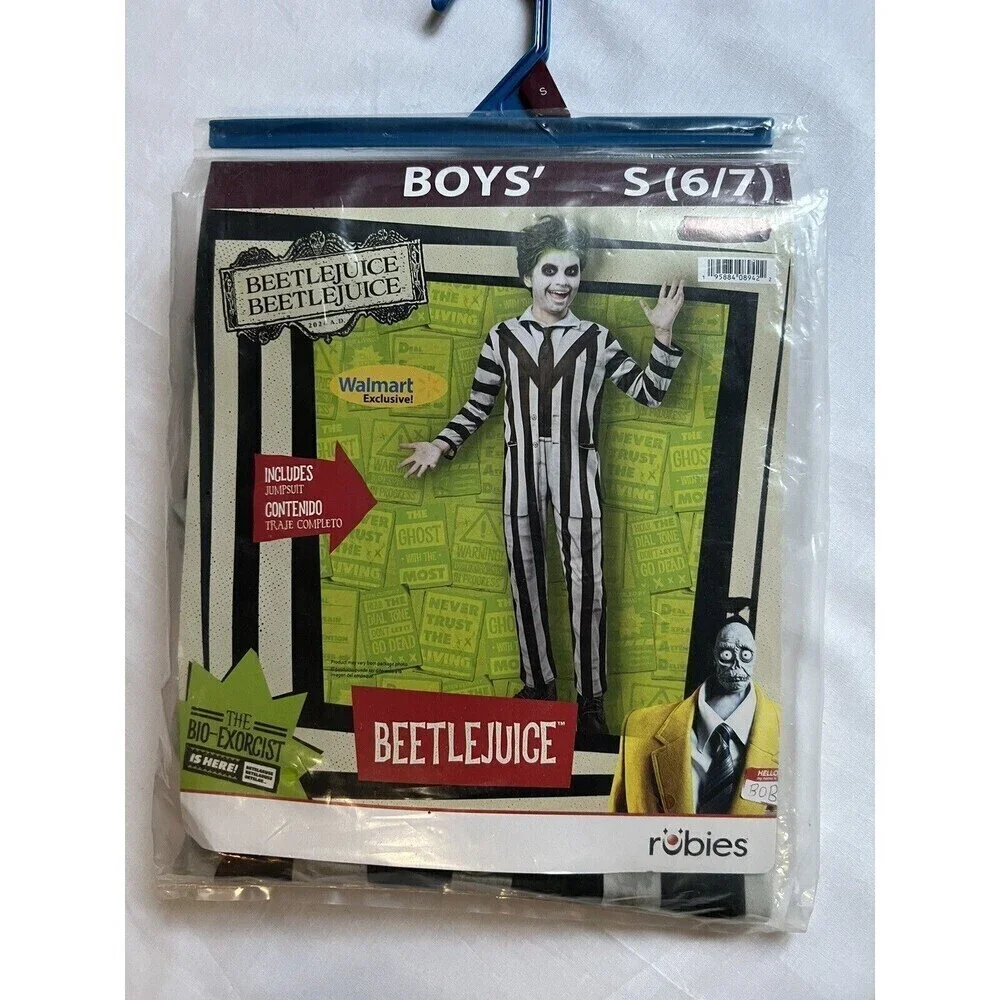 New Kids Beetlejuice Costume Jumpsuit Child Small-Med 6/7 With Green Hair Spra